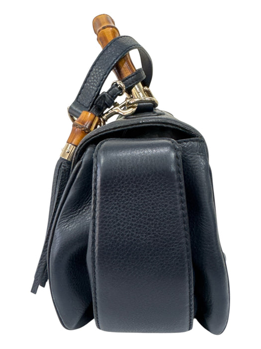 Gucci Navy Pebble Leather Bamboo Accent Removeable Shoulder Strap Satchel Bag Navy / Medium