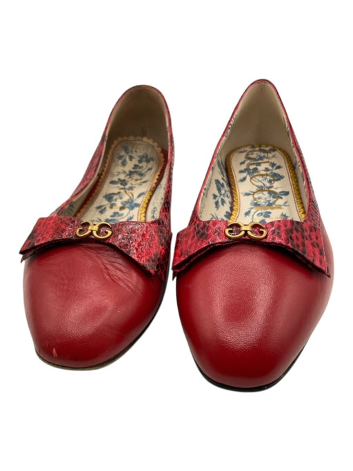 Gucci Shoe Size 40 Red & Black Leather Snake Trim Round Toe Logo & Bow Flats Red & Black / 40
