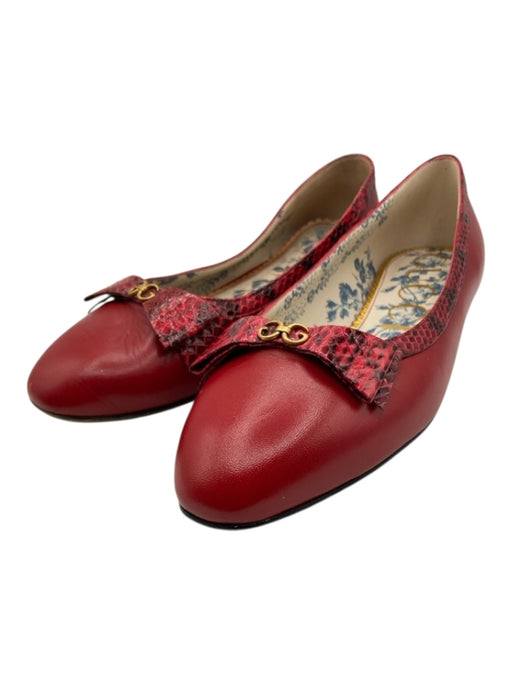 Gucci Shoe Size 40 Red & Black Leather Snake Trim Round Toe Logo & Bow Flats Red & Black / 40