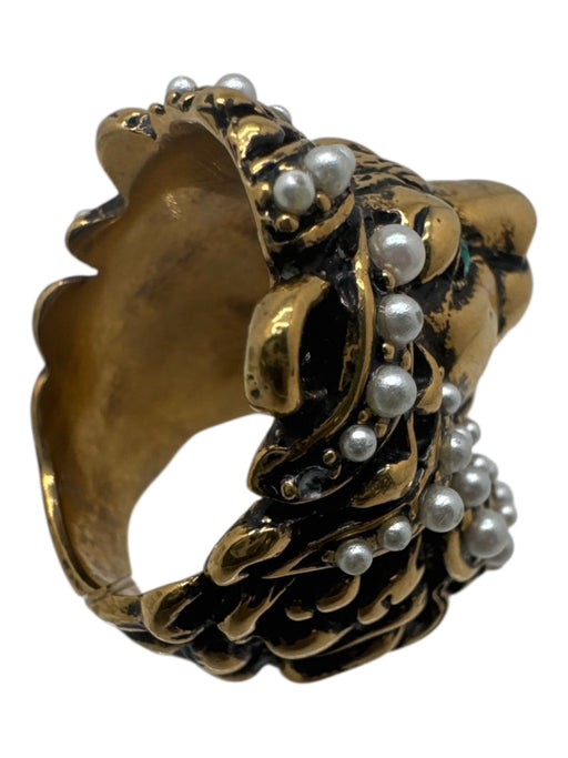 Gucci Gold, Green & White Gold Tone Metal Pearl Detail Rhinestone lion Ring Gold, Green & White