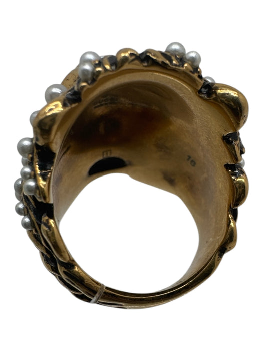 Gucci Gold, Green & White Gold Tone Metal Pearl Detail Rhinestone lion Ring Gold, Green & White