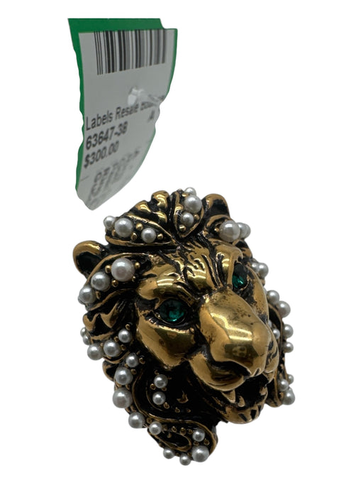 Gucci Gold, Green & White Gold Tone Metal Pearl Detail Rhinestone lion Ring Gold, Green & White
