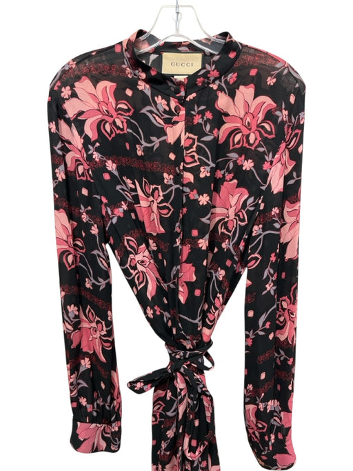 Gucci Size 48 Pink, Black & Blue Viscose Long Sleeve Floral 1/2 Button Dress Pink, Black & Blue / 48