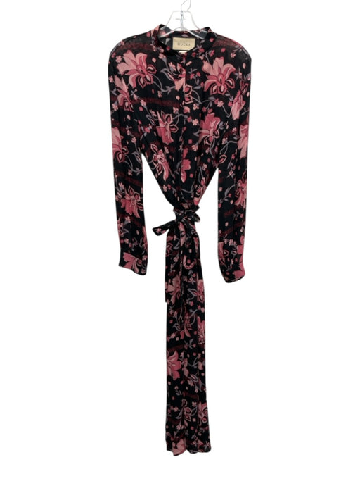 Gucci Size 48 Pink, Black & Blue Viscose Long Sleeve Floral 1/2 Button Dress Pink, Black & Blue / 48