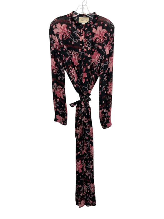 Gucci Size 48 Pink, Black & Blue Viscose Long Sleeve Floral 1/2 Button Dress Pink, Black & Blue / 48