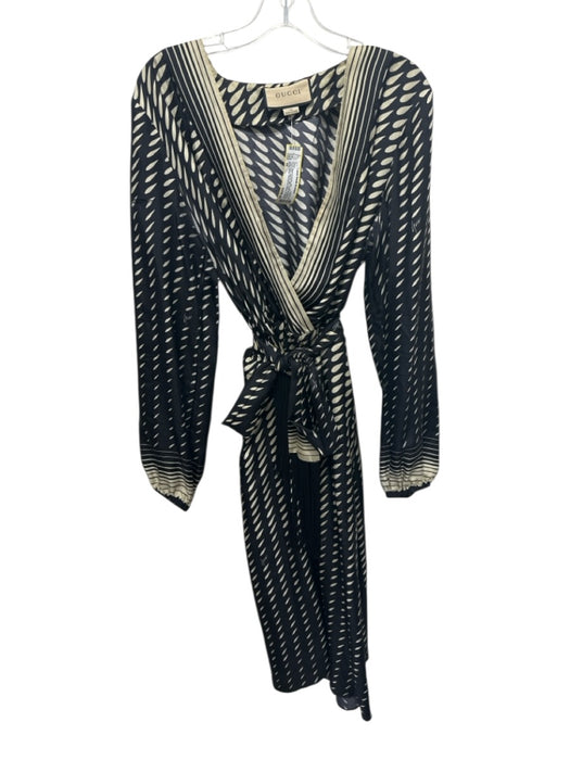 Gucci Size 48 Black & Cream Silk Long Sleeve Tear Drops Stripes Mid Dress Black & Cream / 48