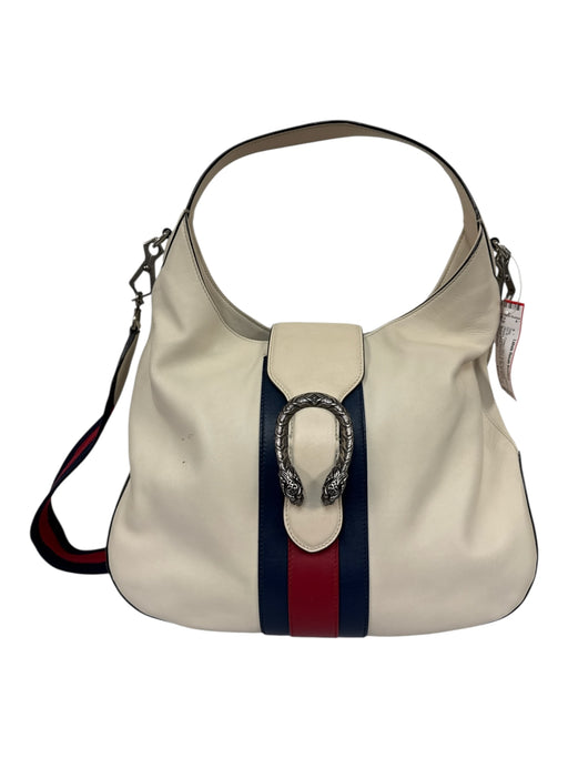 Gucci Cream, Navy & Red Leather Striped Detachable Strap Silvertone Hardware Bag Cream, Navy & Red / Medium