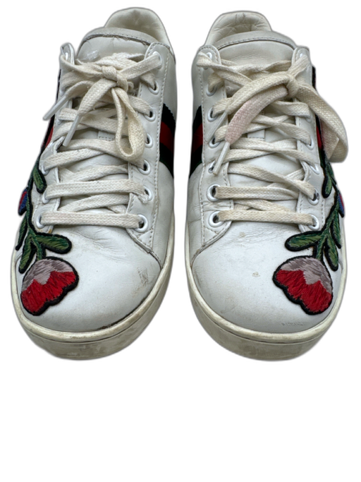 Gucci Shoe Size 39 White, Red, Green Leather Lace Up Floral Applique Sneakers White, Red, Green / 39