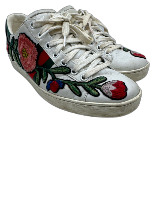 Gucci Shoe Size 39 White, Red, Green Leather Lace Up Floral Applique Sneakers White, Red, Green / 39