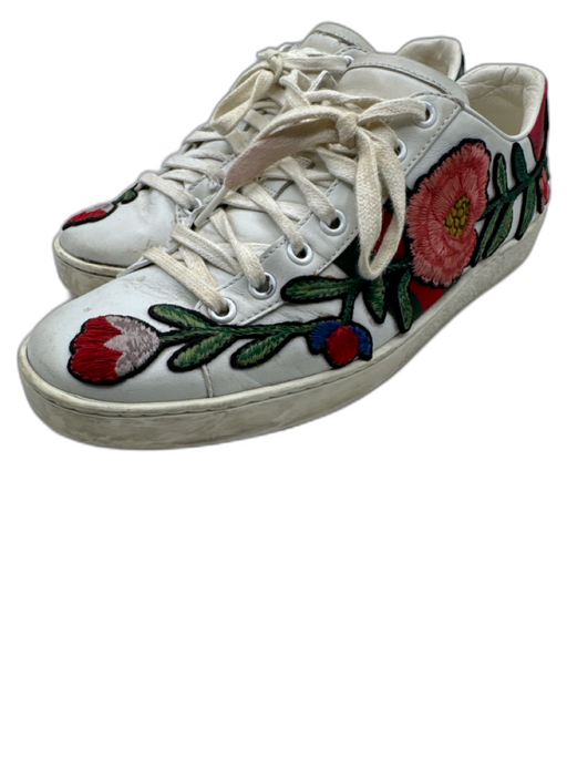 Gucci Shoe Size 39 White, Red, Green Leather Lace Up Floral Applique Sneakers White, Red, Green / 39