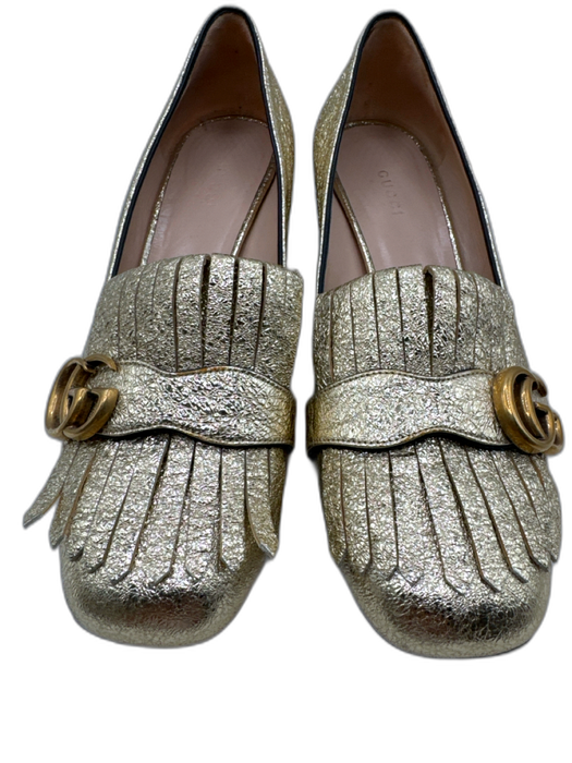 Gucci Shoe Size 39.5 Gold Leather Metallic Foil GG Logo Fringe Loafers Gold / 39.5