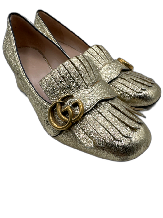 Gucci Shoe Size 39.5 Gold Leather Metallic Foil GG Logo Fringe Loafers Gold / 39.5