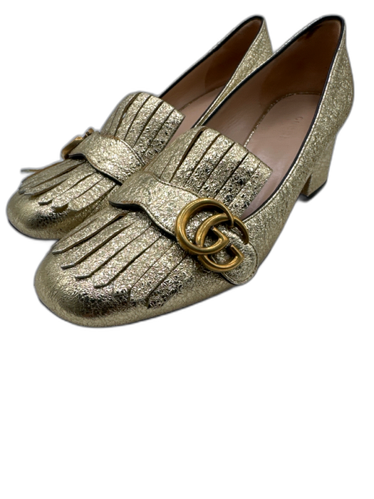 Gucci Shoe Size 39.5 Gold Leather Metallic Foil GG Logo Fringe Loafers Gold / 39.5