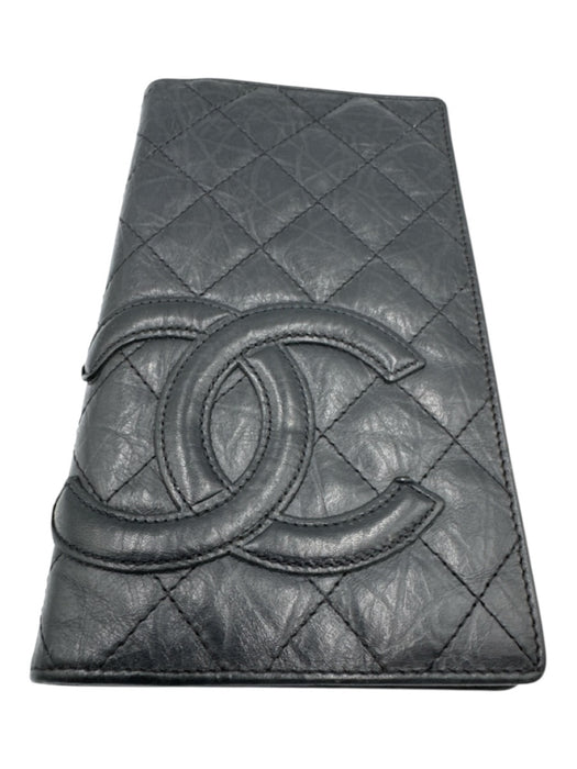 Chanel Black Leather Quilted Logo Bifold Wallets Black