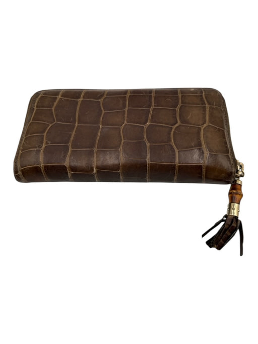 Gucci Brown Leather Croc Embossed Tassel Zip Around Vintage Wallets Brown