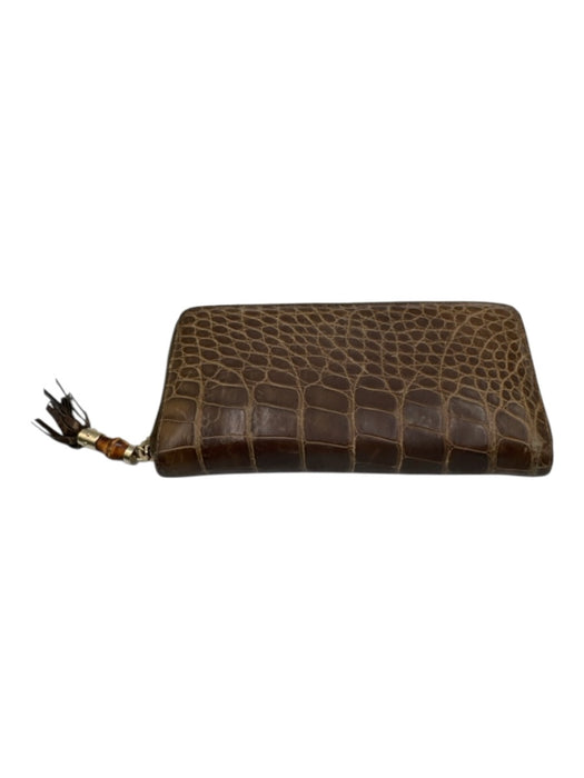 Gucci Brown Leather Croc Embossed Tassel Zip Around Vintage Wallets Brown