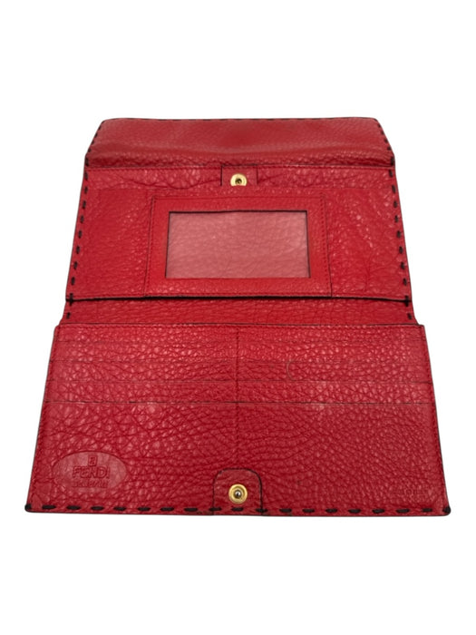 Fendi Red Leather Stitching Gold Hardware Bifold Wallets Red