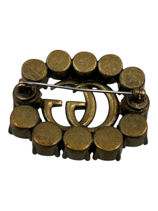 Gucci Brass Metal Logo Jeweled Pin Brooch Brass