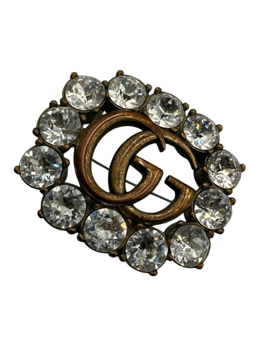 Gucci Brass Metal Logo Jeweled Pin Brooch Brass