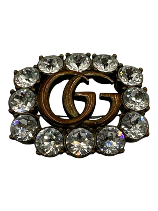 Gucci Brass Metal Logo Jeweled Pin Brooch Brass