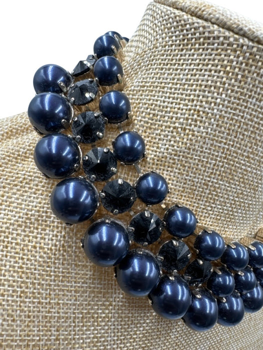 Gucci Navy Blue Faux Pearl Jeweled Light Gold Hardware Bib Choker Necklace Navy Blue