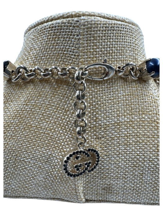 Gucci Navy Blue Faux Pearl Jeweled Light Gold Hardware Bib Choker Necklace Navy Blue
