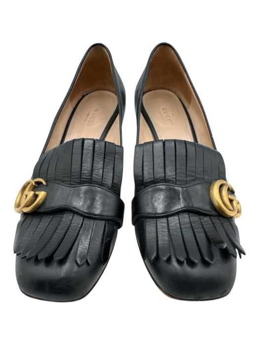 Gucci Shoe Size 39.5 Black Leather Gold hardware Logo Loafer Fringe Pumps Black / 39.5