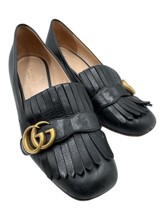 Gucci Shoe Size 39.5 Black Leather Gold hardware Logo Loafer Fringe Pumps Black / 39.5
