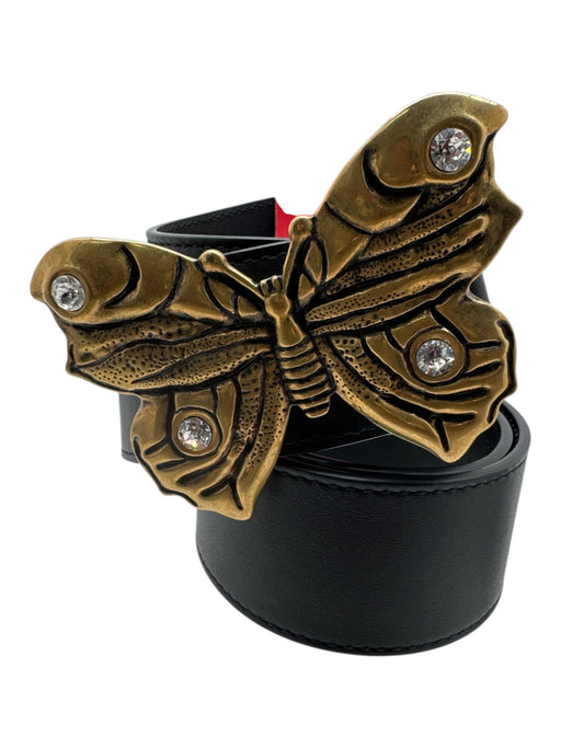 Gucci Black & Gold Leather Wide Butterfly Crystal Buckle Belts Black & Gold / M