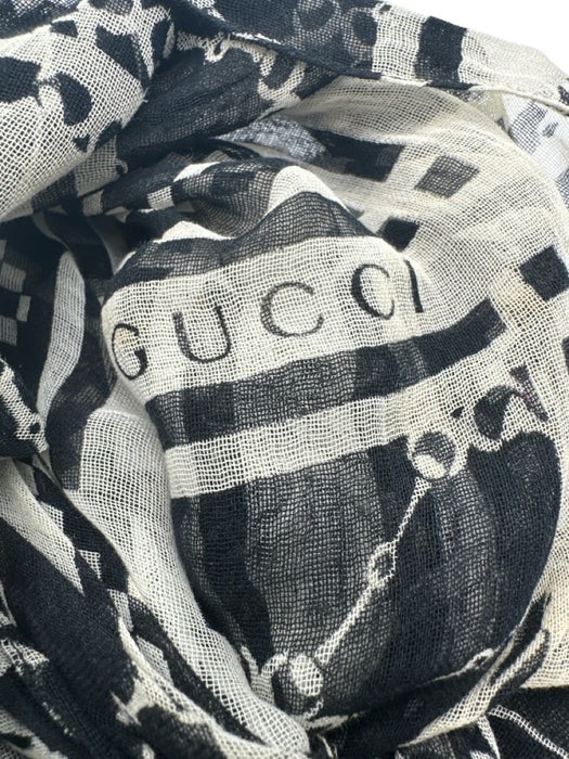 Gucci Cream White & Black Bamboo Detail Triangle Horsebit Accent Cheche scarf Cream White & Black