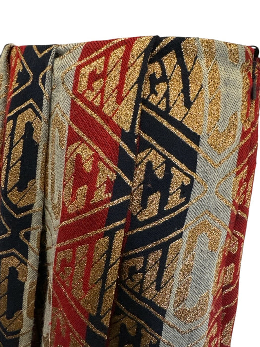 Gucci Size 48 Red, Navy & Multi Print Wool Blend Gold Accents Pleated Skirt Red, Navy & Multi Print / 48