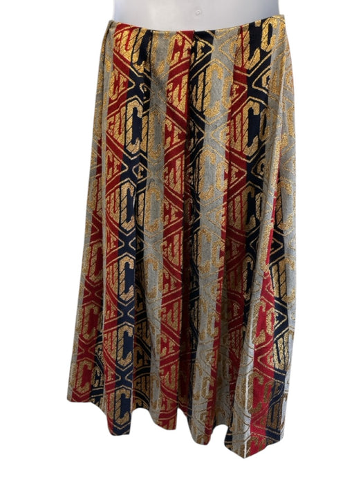 Gucci Size 48 Red, Navy & Multi Print Wool Blend Gold Accents Pleated Skirt Red, Navy & Multi Print / 48