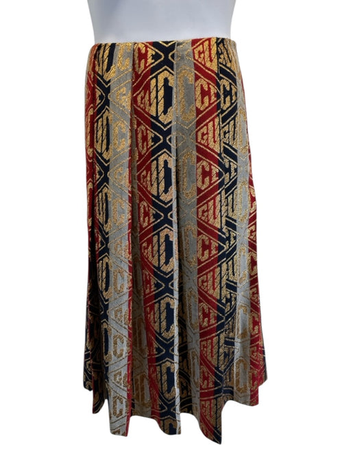 Gucci Size 48 Red, Navy & Multi Print Wool Blend Gold Accents Pleated Skirt Red, Navy & Multi Print / 48