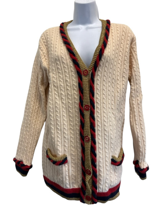 Gucci Size M Cream multi Wool Blend Button Front Cable Knit gold accent Cardigan Cream multi / M