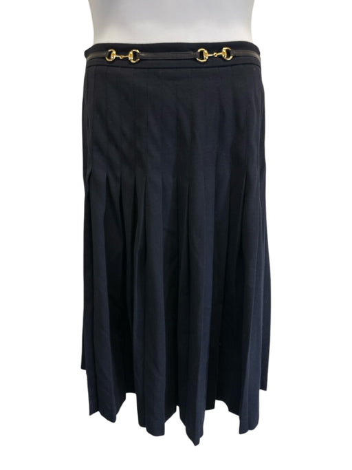 Gucci Size 46 Navy Wool Blend Horsebit Detail Zip & Hook Closure Pleated Skirt Navy / 46