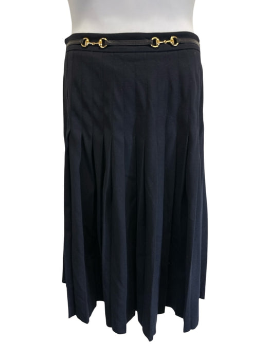 Gucci Size 46 Navy Wool Blend Horsebit Detail Zip & Hook Closure Pleated Skirt Navy / 46