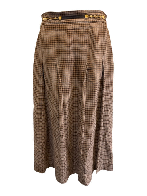 Gucci Size 48 Brown Linen Plaid Zip & Hook Closure Pleated A line Skirt Brown / 48
