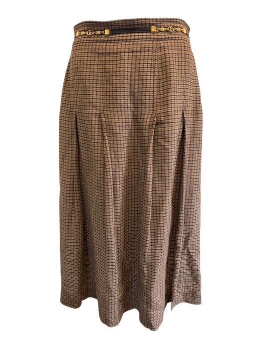 Gucci Size 48 Brown Linen Plaid Zip & Hook Closure Pleated A line Skirt Brown / 48