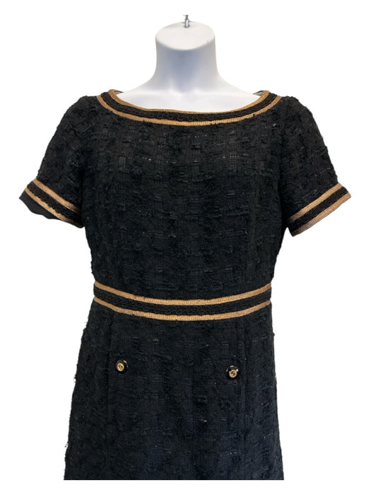Gucci Size 50 Black Poly Blend Tweed Zip Back gold accent Wide Neck Dress Black / 50