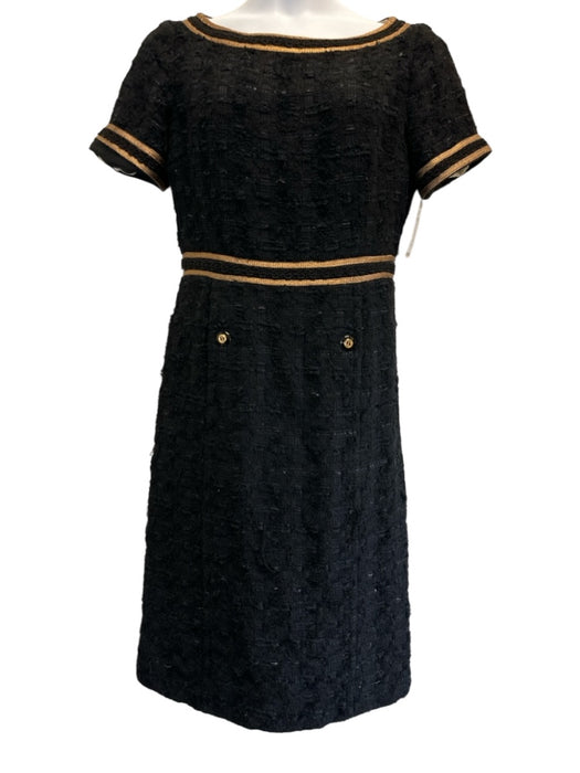 Gucci Size 50 Black Poly Blend Tweed Zip Back gold accent Wide Neck Dress Black / 50