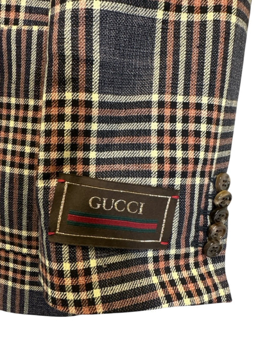 Gucci Size 48 Blue, Orange & Multi Linen Blend Plaid Padded Shoulders Blazer Blue, Orange & Multi / 48