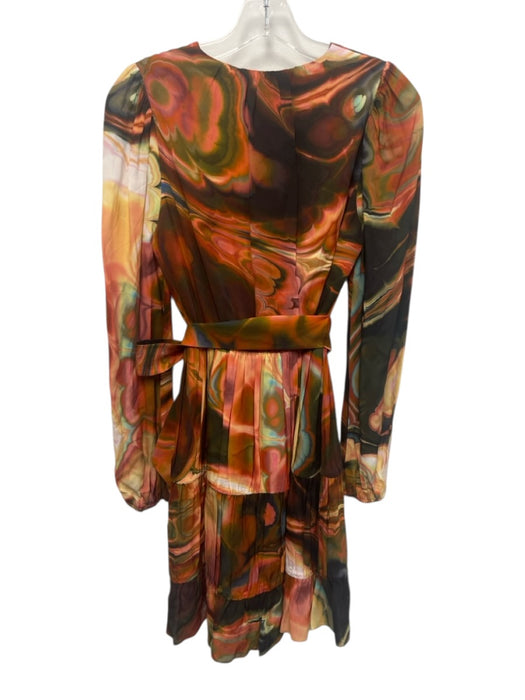 Marie Oliver Size XS orange, green, brown Viscose Sash Marbled Surplice Dress orange, green, brown / XS