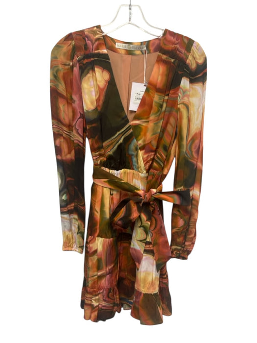 Marie Oliver Size XS orange, green, brown Viscose Sash Marbled Surplice Dress orange, green, brown / XS