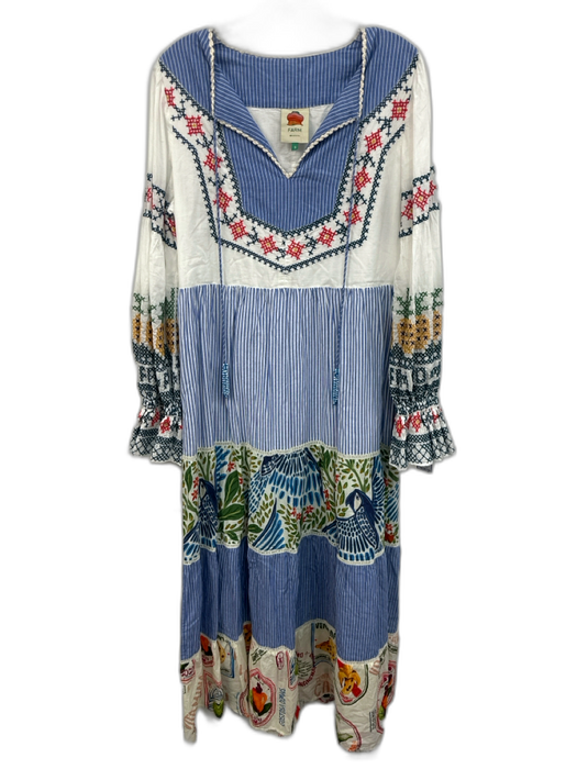 Farm Rio Size S Blue, Green & Multi Cotton Tassle Beads Embroidered Tiered Dress Blue, Green & Multi / S