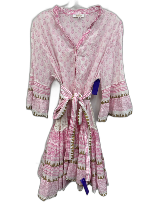 Marina Size M Pink, White, Gold Cotton Lace Detail Multi Pattern Collared Dress Pink, White, Gold / M