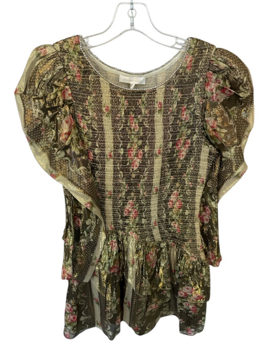 Loveshackfancy Size M Gold & Green Viscose Blend Long Sleeve Flowers Dress Gold & Green / M