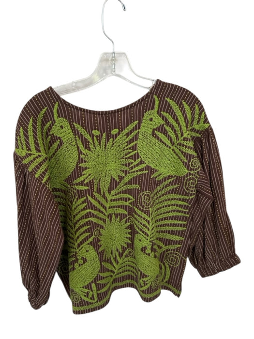 Sister Mary Size XS Brown & Green Cotton Embroidered Palm Beach Motif Top Brown & Green / XS