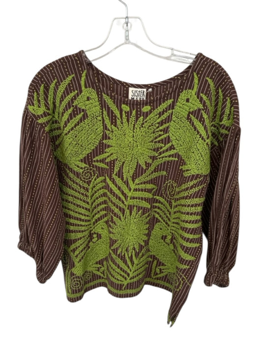 Sister Mary Size XS Brown & Green Cotton Embroidered Palm Beach Motif Top Brown & Green / XS