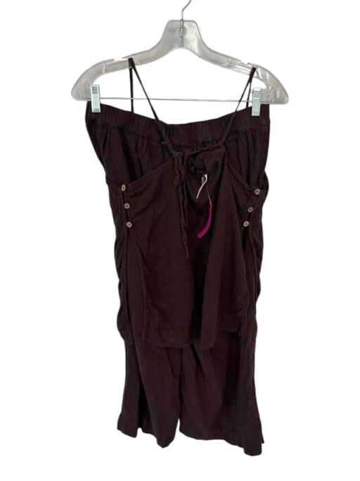 Free People Size Small Brown & Multi Linen Blend Slit embroider neck Pant Set Brown & Multi / Small