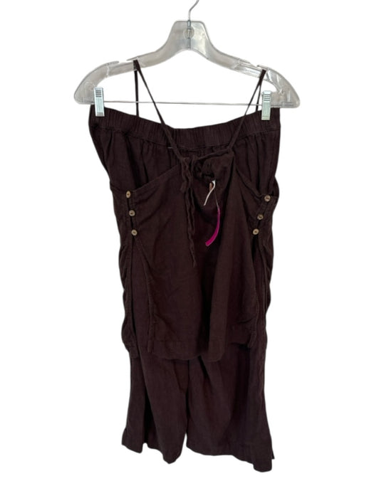 Free People Size Small Brown & Multi Linen Blend Slit embroider neck Pant Set Brown & Multi / Small